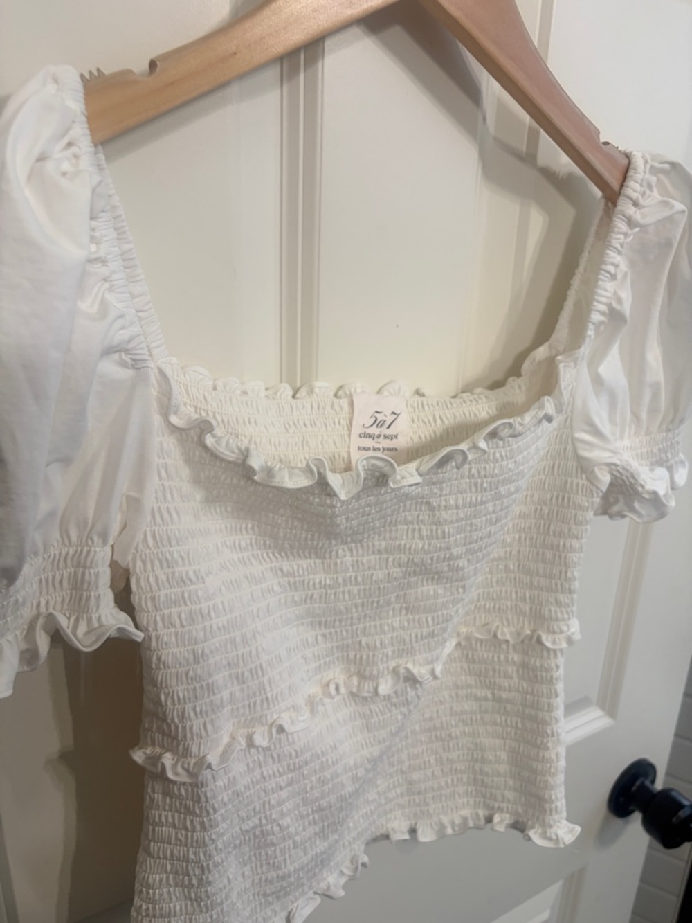 Like new designer Cinq a Sept White Smocked Puff Sleeve Square Neck Top size S. - Picture 4 of 12